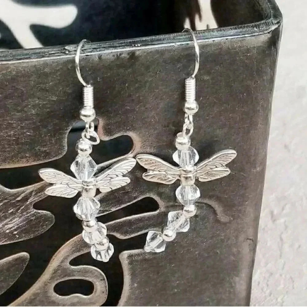 Handcrafted Silver Clear Dragonfly Glass Earrings